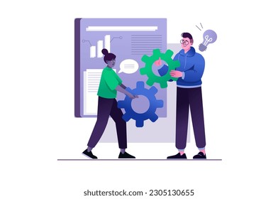 Concept Teamwork with people scene in the flat cartoon design. A team of workers unite their efforts in work to achieve a good result. Vector illustration.
