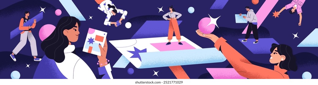 Concept of teamwork processes in business on banner. People work with geometric figures, shapes. Creative team of collects, analyzes data. Colleagues create project together. Flat vector illustration