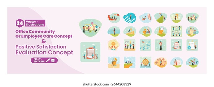 The concept of teamwork and satisfaction. Office employees work together, brainstorm, and give satisfaction ratings. Mega set.