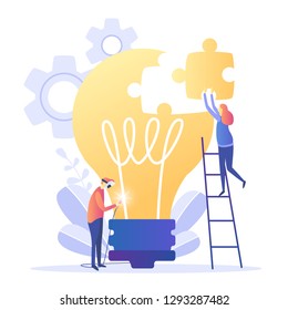 Concept for teamwork, searching for new solutions promotion in the network. Big idea, working together in the company, brainstorming, a symbol of creativity, creative ideas, mind, thinking. Vector 