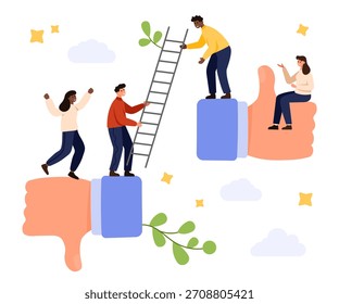 Concepto de trabajo en equipo y Asistencia, ya que las personas se ayudan mutuamente a pasar del Comentarios negativo al positivo utilizando una escalera y los pulgares Grandes aislados sobre fondo blanco Ilustración vectorial