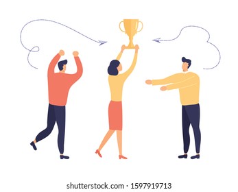 Concept of teamwork. Team of colleagues rejoice at the prize they have won. People held up their hands  symbolizing joy of the award.Woman got a golden cup for good work results.Vector illustration