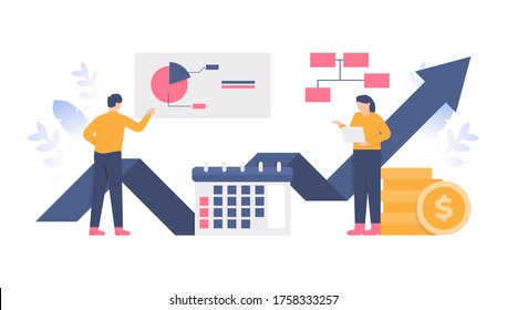 the concept of teamwork, team management, data analysis, process data. illustration of a group working together to increase monthly income. flat design. can be used for elements, landing pages, UI