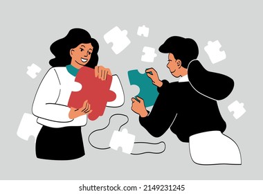 Concept of teamwork. Two girls connect puzzles, young colleagues or partners. Company development, creative individuals. Brainstorming and insight, innovation. Cartoon flat vector illustration