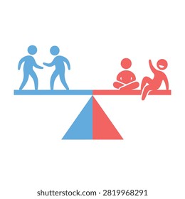 Concept of teamwork and unity versus loneliness and isolation on balance scale with people