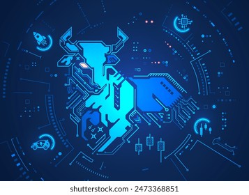 Konzept des Tech-Geschäfts an der Börse, Grafik von Bull kombiniert mit elektronischen Mustern und futuristischen Elementen