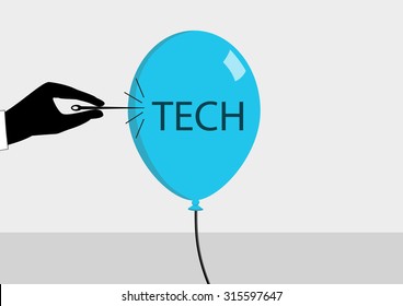 Concept For Tech Crisis In Silicon Valley And Computer Industry. Vector Illustration Of Hand And Needle Bursting The Tech Bubble.