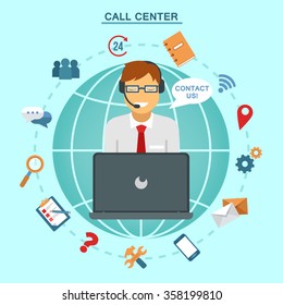 Concept Of Technical Online Support Call Center. Computer Remote Nonstop Service. Vector Illustration In Flat Style