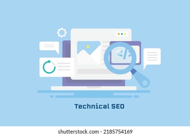 Concept of technical SEO, SEO on page, SEO code writing for search engine ranking - flat design vector illustration with icons and texts