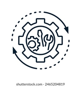 Concept of technical service, software update. Vector linear icon isolated on white background.