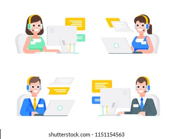 Concept of technical support. Dispatchers are sitting at the table with computers and laptops with a headsets and microphones and dialog icons. Vector illustration