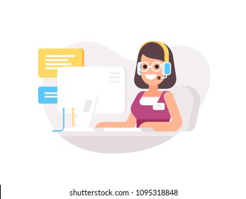 Concept Of Technical Support. Female Dispatcher Sitting At A Table With Computer, Headset And Microphones And Speech Icons On White Background. Vector Illustration