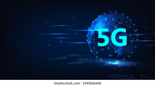 Concept of technology 5G network.5G symbol on world 3D wireless Internet network connection Information technology Illustration.Concept of future technology network.