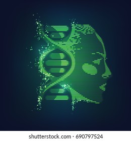 concept of technology advancement, dna symbol combined with human face