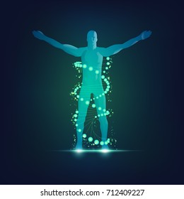 concept of technology advancement, dna symbol combined with human body