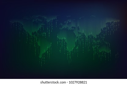 concept of technology advancement, shape of world map combined with binary code