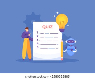 concept of technology to answer questions. answering questions with the help of AI or artificial intelligence. illustration of a man asking a robot for help to answer a quiz. flat style design