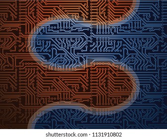 Concept of technology competition. Vector  flowing penetrating cooperating orange  blue circuit board