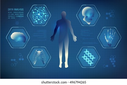 concept of technology health care, graphic of man analysis and digital interface comprising with brain, skeleton, skull, hand bones and dna