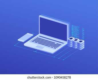 Concept technology, mining server farm room and smart digital devices such as phone ,computer, data, data processing  vector illustration.