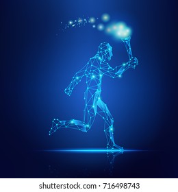 concept of technology revolution, abstract wirefrmae man running with torch in the hand