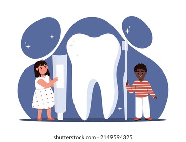 Concept of teeth cleaning. Small smiling boy and girl stand next to large tooth and hold toothpaste and brush. Children conduct oral hygiene and caries prevention. Cartoon flat vector illustration