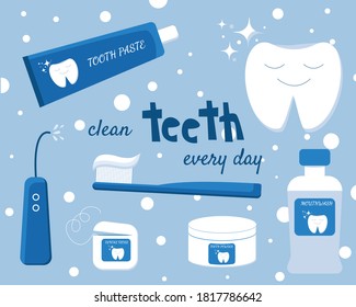 Concepto de elementos de higiene de dientes: cepillo de dientes, pasta dentífrica, polvo de dientes, hilo, flosser oral. y lavavajillas con dientes limpios de signos todos los días. Con dientes felices y sonrientes. En colores azules. EPS10 vectores