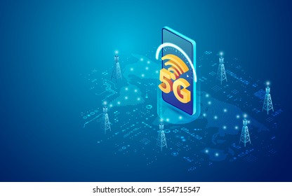 Concept Of Telecommunication Technology, 5G Sign With Mobile Phone And Communication Tower In Isometric