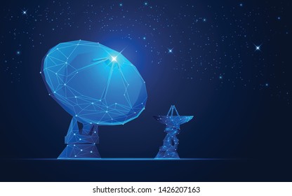 concept of telecommunication technology, polygonal satellite dish with galaxy background