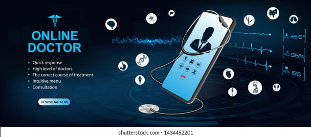 Concept of telemedicine and e-health. Doctor online. Consultation with the doctor through the screen of the phone. Graphic of realistic smartphone device with stethoscope and interface elements. 