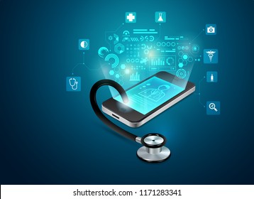 concept of telemedicine or e-health, graphic of realistic smart device with stethoscope reaching out from the screen