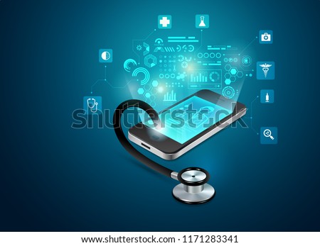 concept of telemedicine or e-health, graphic of realistic smart device with stethoscope reaching out from the screen