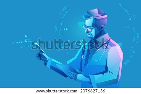 concept of telemedicine or healthcare technology, character design of a doctor presented with futuristic style