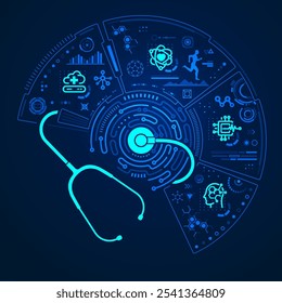 concept of telemedicine or healthcare technology, graphic of stethoscope combined with electronic pattern and futuristic interface