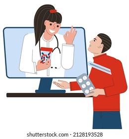 The concept of telemedicine or online medication ordering. The patient buys medications online or consults a doctor. Flat vector illustration on white background. For print, web design.