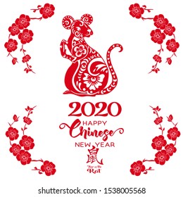 Concept, template for card or envelope for money with  Chinese New Year symbols in red and white. Year of the rat 2020. Chinese hieroglyphs with translations. Vector illustration.	