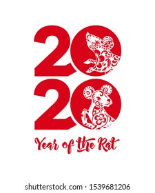 Concept, template for card or envelope for money with  Chinese New Year symbols in red and white. Year of the rat 2020. Chinese hieroglyphs with translations. Vector illustration.	