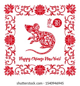 Concept, template for card or envelope for money with  Chinese New Year symbols in red and white. Year of the rat 2020. Chinese hieroglyphs with translations. Vector illustration.	