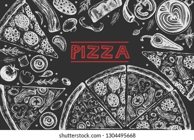 Concept template design with graphic illustrations of pizza on black background