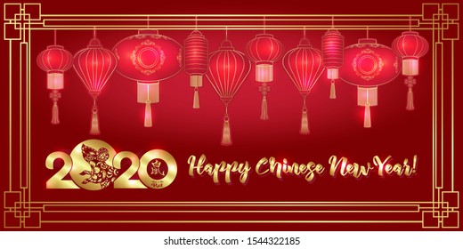 Concept, template for greeting card or envelope for money with Chinese New Year symbols in red and gold. Year of the rat 2020. Chinese hieroglyphs with translations. Vector illustration..