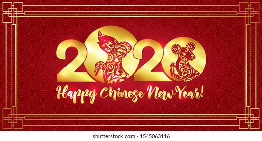 Concept, template for greeting card or envelope for money with Chinese New Year symbols in red and gold. Year of the rat 2020. Chinese hieroglyphs means Year of the rat. Vector illustration