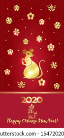 Concept, template for greeting card or envelope for money with Chinese New Year symbols in red and gold. Year of the rat 2020. Chinese hieroglyphs with translations. Vector illustration..