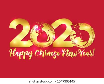Concept, template for greeting card or envelope for money with Chinese New Year symbols in red and gold. Year of the rat 2020. Chinese hieroglyphs with translations. Vector illustration..