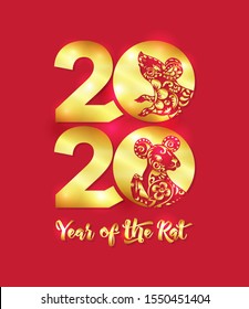 Concept, template for greeting card or envelope for money with Chinese New Year symbols in red and gold. Year of the rat 2020. Chinese hieroglyphs with translations. Vector illustration..