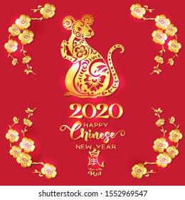 Concept, template for greeting card or envelope for money with Chinese New Year symbols in red and gold. Year of the rat 2020. Chinese hieroglyphs with translations. Vector illustration..
