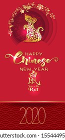 Concept, template for greeting card or envelope for money with Chinese New Year symbols in red and gold. Year of the rat 2020. Chinese hieroglyphs with translations. Vector illustration..