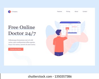 Concept template hero image for the landing page. Free online doctor. Make an appointment. Man chooses a date in the calendar. Vector illustration.