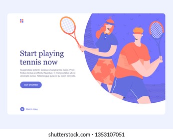 Concept template hero image for landing page. A couple playing on the tennis court. Coach and student. Sports and active hobby. Trendy vector illustration.