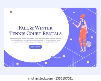 Concept template hero image for landing page. Girl athlete plays tennis on the court. Sports and active hobby, court rental. Trendy vector illustration.