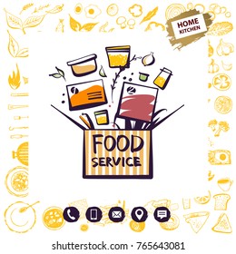 Concept template image for fast food delivery. Homemade cuisine for home, office. Element design banner, poster, logo for service company. Open box with recipe ingredient.
